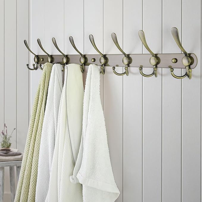Dseap Coat Rack Wall Mount - 29.5” Long 8-Tri-Hooks Heavy Duty Coat Hanger Rail Wall Hooks for Hanging Coats Hats Clothing Clothes Purse Mudroom Entryway, Bronze, Pack of 2