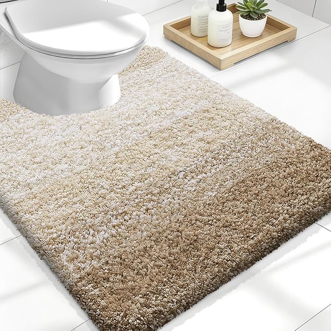 OLANLY Luxury Toilet Rugs U-Shaped 24x20, Extra Soft and Absorbent Microfiber Bathroom Rugs, Non-Slip Plush Shaggy Bath Mat, Machine Wash Dry, Contour Bathroom Mats for Toilet Base, Tan