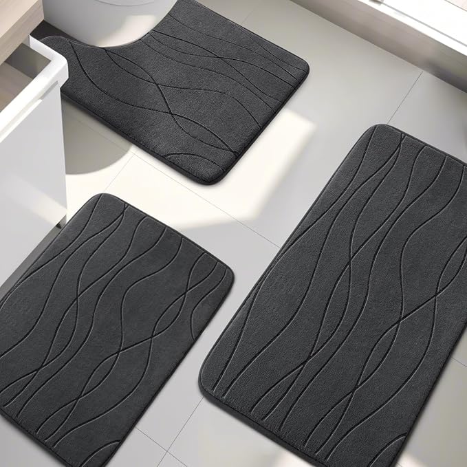 YIHOUSE Memory Foam Bathroom Rug Set, 3 Pieces - Dark Grey (Ultra Soft, Absorbent, Non-Slip, Machine Washable) | Ultra Soft, Absorbent, Non-Slip, Machine Washable