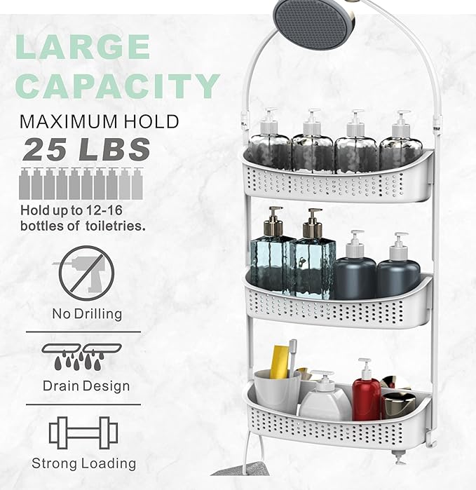 Heavy duty shower caddy hanging; 3 tiers supper large plastic shower basket over the showerhead; never rust baskets over the door, shower organizer for bathroom without tools, White