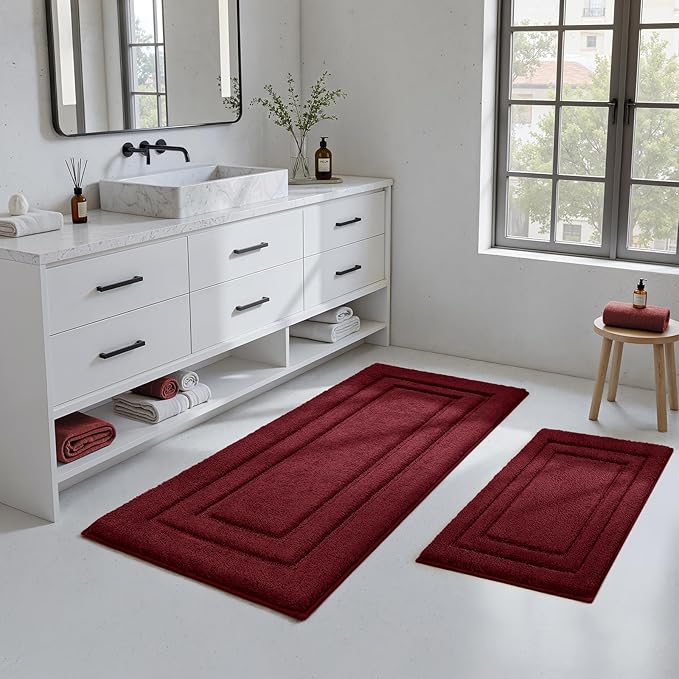 HOMEIDEAS Bathroom Rugs Sets 2 Piece, Super Soft and Absorbent Non Slip Microfiber Machine Washable Bath Mat Set (20" x 47" + 16" x 24", Burgundy Red)