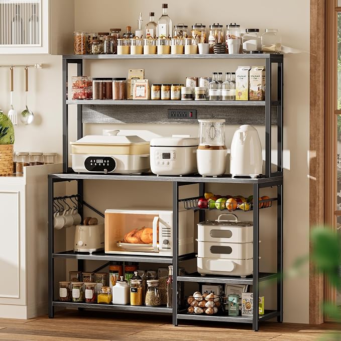 SUPERJARE Bakers Rack with Power Outlet, 47.2 Inches Coffee Bar with 3 Level-Adjustable Open Shelves, Wire Basket, Kitchen Microwave Stand with 6 S-Shaped Hooks, Grey