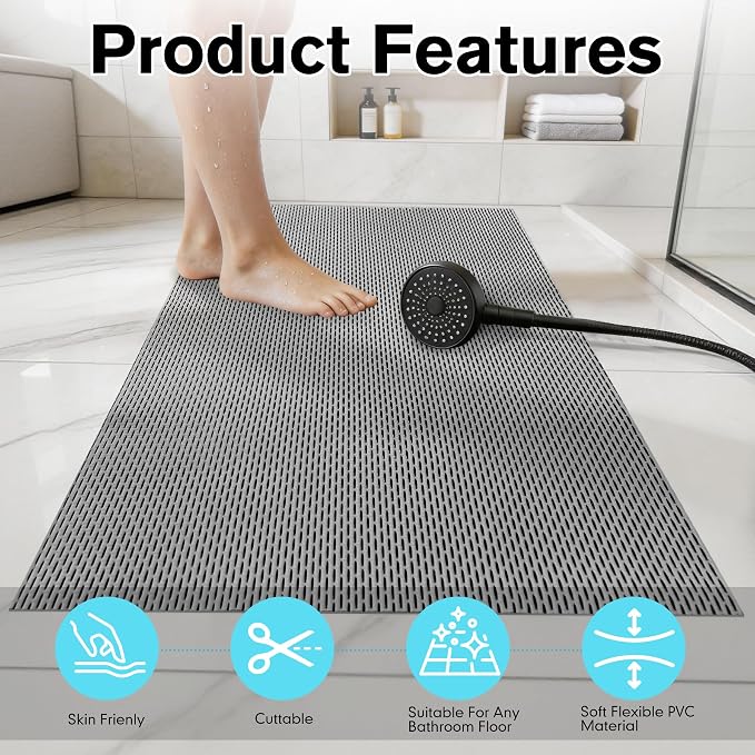 Extra Large Non-Slip Shower Mat, 58.26" x 31.49" Bathroom Shower Mat, Fast-Dry Drainage Hole PVC Bath Tub Mat, Anti Slip Bathroom Safety Accessory for Elderly/Kids, Gray