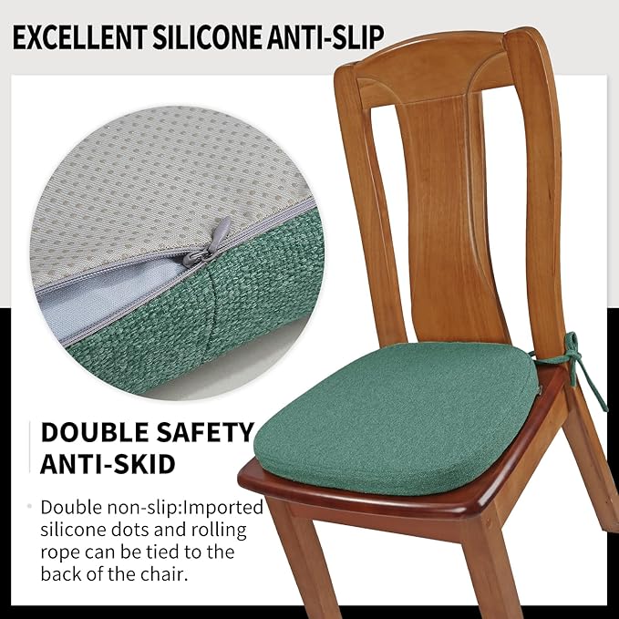 SINOSSO 6 Pack Memory Foam Chair Cushions for Dining Chairs, Friendly Woven Fabric 16" U-Shape Comfortable Kitchen Chair Pads, Removable Slip Resistant Seat Cushions (Set of 6, Green)