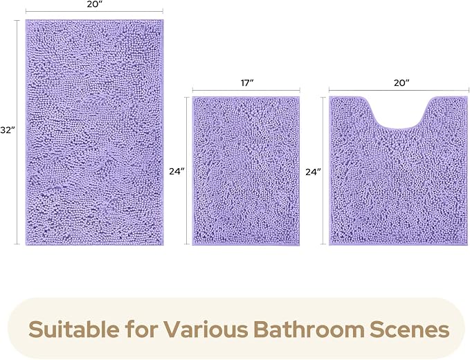 HOMEIDEAS 3 Pieces Bathroom Rugs, Ultra Soft Non Slip Absorbent Chenille Toilet Bath Mat Set (Lavender)