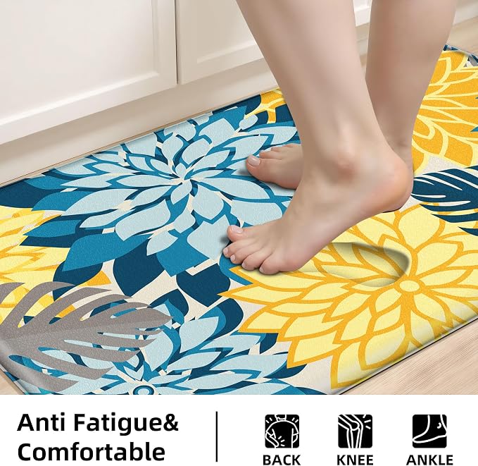 Arenarug Kitchen Mats for Floor 2PCS Cushioned Anti Fatigue Kitchen Mats Waterproof Non Slip Kitchen Mat Rug Set Comfort Foam Standing Mat for Sink, Laundry, Office, 24"x39"+24"x59", Yellow Teal