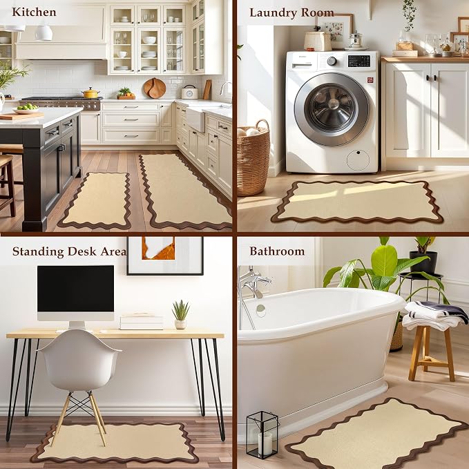 Arenarug Scalloped Kitchen Mats Rugs Sets of 2 Cushioned Anti Fatigue Floor Mat Waterproof Kitchen Rugs Non Slip Foam Comfort Standing Mat for Sink Laundry, Terracota