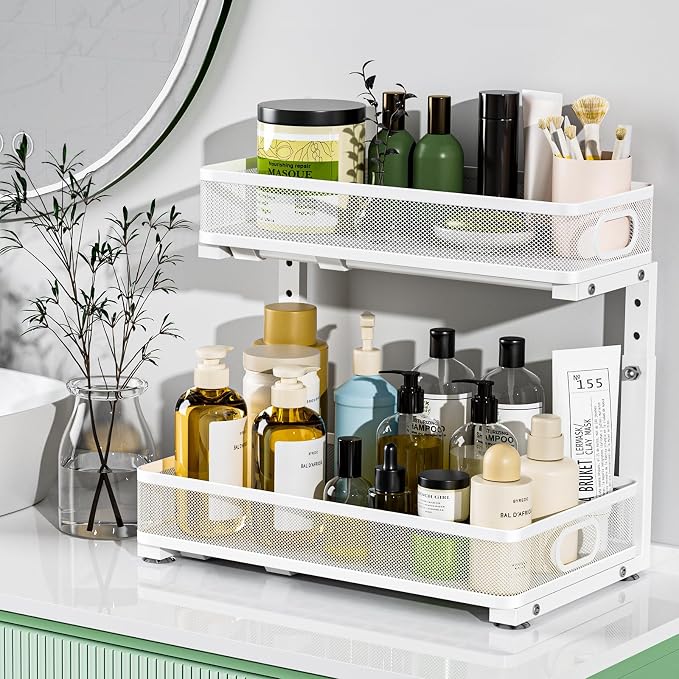 Under Sink Organizer 2 Pack, High Adjustable 2 Tier Under Sink Organizers and Storage, Slide out Metal Cabinet Organizers, Pull out Storage Drawer Shelf for Kitchen Bathroom Cabinet