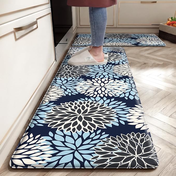 Kitchen Mats Set of 2 Cushioned Anti Fatigue Kitchen Rugs Non Slip Waterproof Runner Memory Foam Kitchen Floor Mat Comfort Standing Mat for Sink, Office, Laundry, Navy Blue