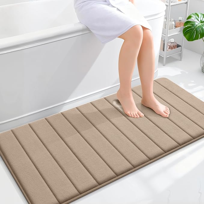 OLANLY Memory Foam Long Bathroom Rugs Runner 47x24, Super Soft Absorbent Bath Mat, Quick Dry, Machine Washable Shower Floor Rugs, Bathmat Carpet, Bathroom Home Decor Accessories, Tan