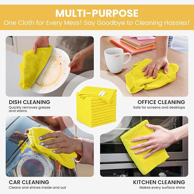 SIFANGKE Microfiber Cleaning Cloth, 12 Pack Yellow Cleaning Rags for Housekeeping, Reusable Microfiber Towels for Car, Kitchen, Bathroom and Household Cleaning Supplies, 11.8"X11.8"