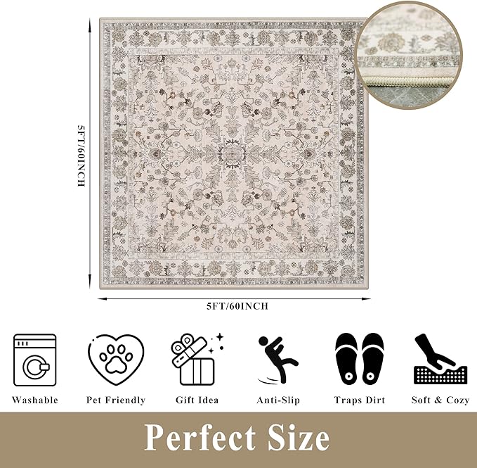 5x5 Square Washable Rug for Living Room: Non Slip Indoor Entryway Foot Carpet for Kitchen, Boho Soft Beige 5ftx5ft Low Pile Neutral Area Rug for Dining Room Bathroom (Beige, 5x5)