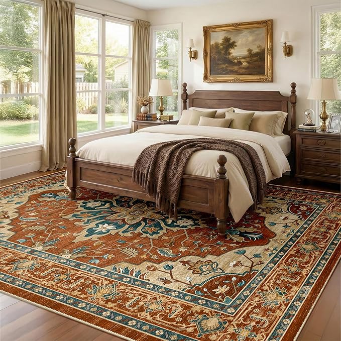 RELEANY Area Rugs 7'x10' Washable Non-Slip, Floral Vintage Distress Medallion Carpet for Living Room Bedroom Dining Room, Red Orange Blue Brown