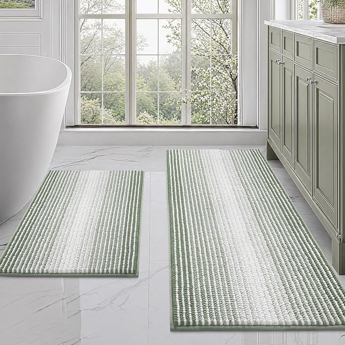 BSICPRO Bathroom Rugs and Mats Sets, 2 Piece Thick Absorbent Chenille Bath Mat Rug Set Non Slip, Soft Bath Room Floor Mats for Bathroom, Machine Washable (20" x 47" Plus 16" x 24",Greyish Green)