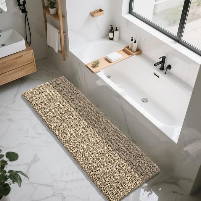Yimobra Bathroom Runner Rug 70x24 Inch - Extra Long Non Slip Chenille Bath Mat, Soft & Absorbent, Machine Washable Shaggy Hallway Carpet for Vanity Tub Shower, Camel Home Decor Accessories