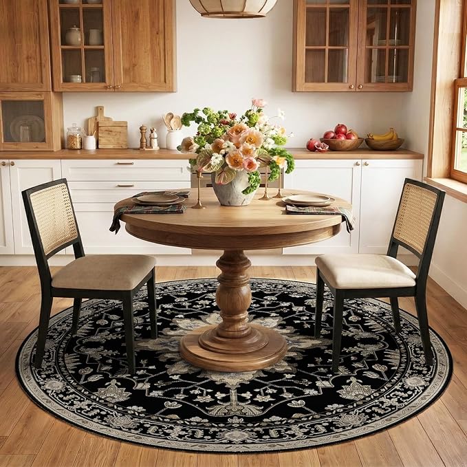 RELEANY Area Rugs Round 6ft Washable Non-Slip, Floral Vintage Distress Medallion Carpet for Living Room Bedroom Dining Room, Black Brown Neutral Dark Tan