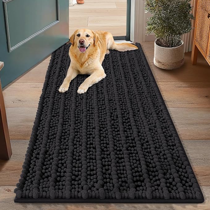 Smiry Dog Door Mat for Muddy Paws 48x30, Absorbent Dirt Trapper, Non-Slip Washable Chenille Entryway Rug for Inside Floor, Black, Layered Pattern