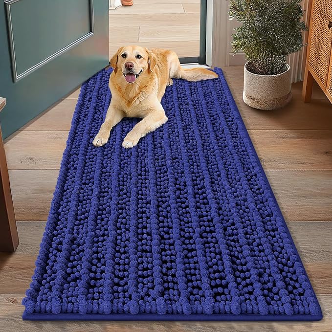Smiry Dog Door Mat for Muddy Paws 48x30, Absorbent Dirt Trapper, Non-Slip Washable Chenille Entryway Rug for Inside Floor, Navy Blue, Layered Pattern