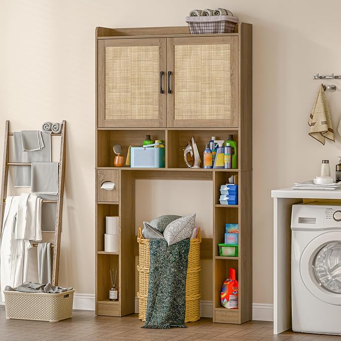 Over The Toilet Storage Cabinet, Farmhouse Toilet Cabinet Rack with Barn Doors, Space Saving Bathroom Organizer with Shelves,Toilet Paper Holder and Towel Rack for Bathroom,Restroom,Laundry,Rattan Oak