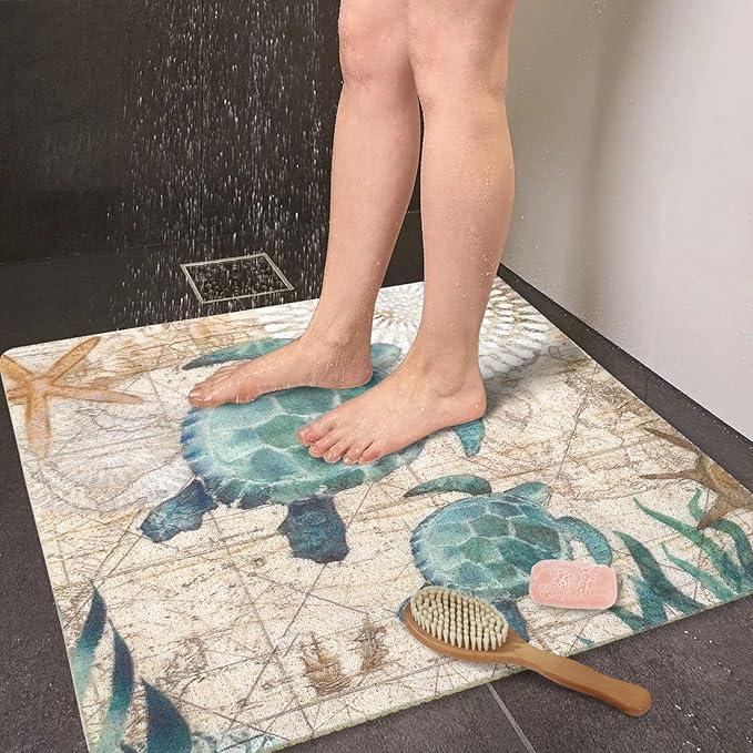 Sea Turtle Shower Mats for Inside Shower, Square Non Slip Bath Mat Cute Shower Matt for Bathroom Floor Easy Cleaning Loofah Bathmat, Quick Drying Textured Surface Shower Foot Scrubber Mat, 24″X24″