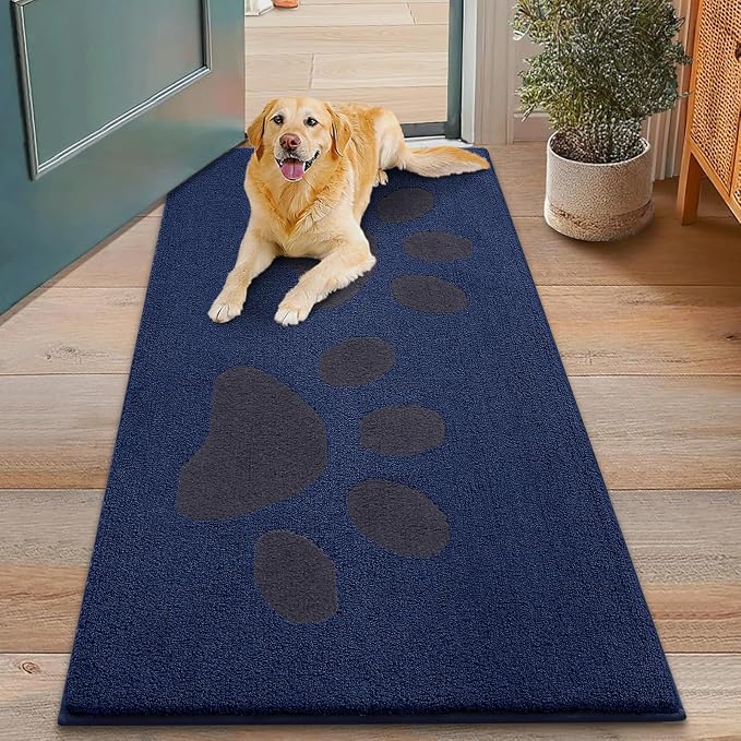 Smiry Dog Door Mat for Muddy Paws, Absorbs Moisture and Dirt, Low-Profile Entryway Mat with Non-Slip Backing, Entry Indoor Outdoor Doormat for Inside Floor (48x30 Inches, Navy Blue, Paw)