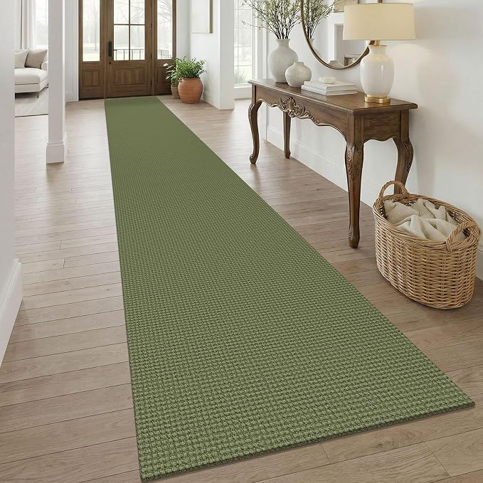 KOZYFLY 3x20 Runners Rugs for Hallway, Extra Long Washable Runner Rug, Non Slip Rubber Backed Kitchen Runner, Cotton Entryway Rug, Floor Carpet for Entry, Aisle, Hall, Olive Green/Earthy Green