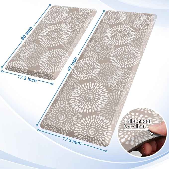 LuxStep Kitchen Mats for Floor,0.47 inch Thicker Cushioned Rug Anti-Fatigue Mats for Kitchen Decor Accessories,Waterproof Non-Slip Mats and Rugs Set for Office,Laundry 17.3"×29"+17.3"×47",Khaki