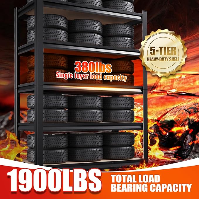 5-Tier Heavy Duty Metal Shelving Units, 71" H x 28" W x 12" D, Adjustable Steel Storage Racks for Garage, Warehouse, Industrial, and Home Organization, 1900 lbs Capacity, 5-Pack