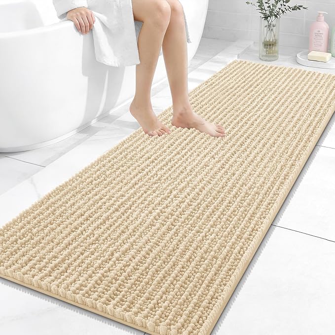 OLANLY Long Bathroom Rugs Runner 59x24, Thick Soft and Absorbent Chenille Bath Mat, Non-Slip, Machine Washable Quick Dry Bath Rugs for Tub Shower Floor, Home Decor Accessories, Beige