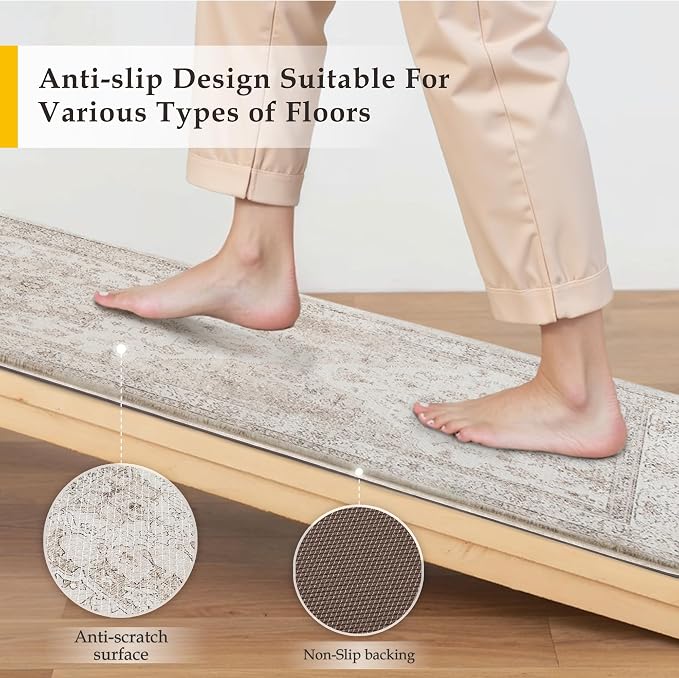 PureCozy Kitchen Mats 2PCS Anti Fatigue Cushioned Mat Beige Vintage Kitchen Mats for Floor Waterproof Non Slip Comfort Standing Oriental Medallion Rug for Sink Laundry Office 17.3"x59"+17.3"x30"