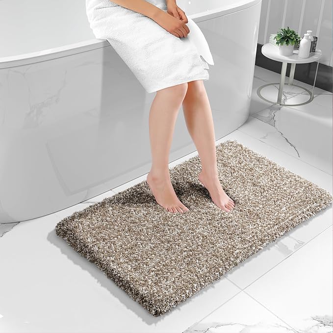 Yimobra Fluffy Plush Bath Rug, Shaggy Soft Comfortable Non Slip, Water Absorbent Microfiber Bath Mat, Dry Quick, Machine Washable Thick Bathroom Floor Rugs for Shower, 44" X 24", Light Brown and White