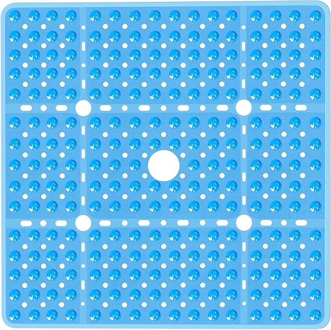 Large Square Shower Mat 27 x 27 Inch Clear Blue, Non Slip Shower Bathtub Mats for Inside Shower with Big Suction Cups Drain Holes, Anti Slip Bathroom Floor Stall Mats, Easy Clean, BPA-Free