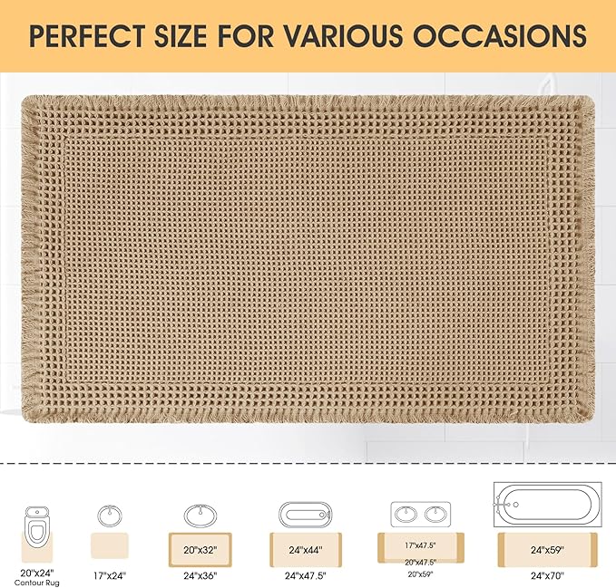 Upgrade Waffle Bath Mat, Boho Bathroom Rugs Absorbent Non Slip, Ultra Soft Bathroom Mat, Machine Washable Knit Bath Rugs with Border for Bathroom, Bedroom, Kitchen, Shower, Tub, 32"x20", Beige