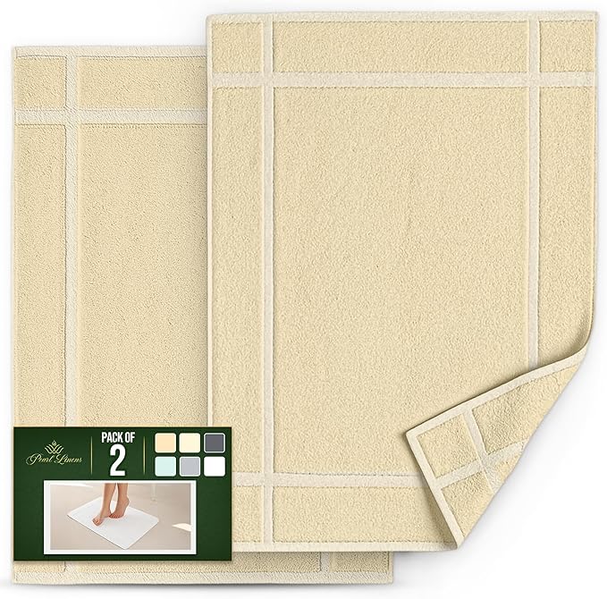 Pearl Linens Pack of 2 100% Cotton Bath Mat 18x25 inches, Soft & Absorbent Quick Dry Bathroom Mat Set, Not Bathroom Rugs, After Shower Mat, Bath Tub Mat, 781 GSM, Machine Washable, Beige