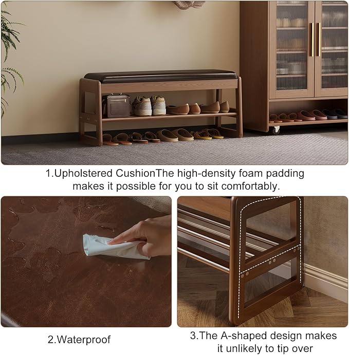 AQIMUELE Shoe Rack Bench,2 Tiers Shoe Bench with Storage with Flip-Top,Wood Shoe Rack for Entryway,Hallway（Dark Walnut Upholstered Seat,11.8" D x 23.62" W x 15.7" H）
