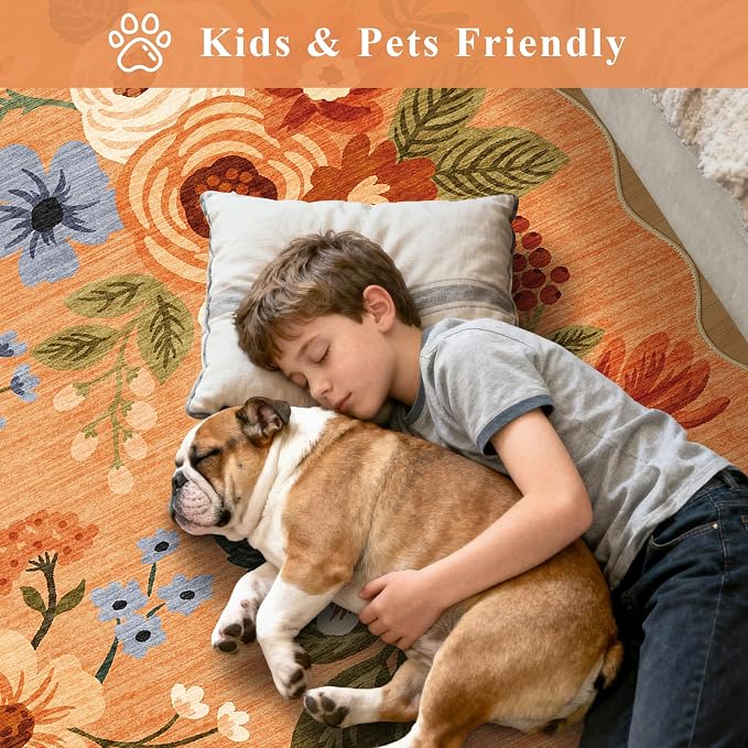 DUKINO 2x8 Washable Runner Rug, Lightweight Soft Floral Hallway Rug Runner with Low Pile Design, Non Shedding & Non Slip Backing Thin Indoor Carpet for Bedroom, Bathroom, Entrance, Kitchen, Orange