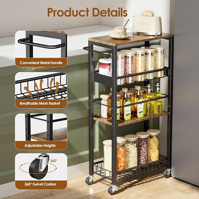 Slim Storage Rolling Cart, 4 Tier Narrow Cart with Wheels, Metal Kitchen Rolling Cart for Small Spaces, Slide Out Storage Shelves for Kitchen, Laundry Room, Bathroom, Living Room, 9.1in(W)