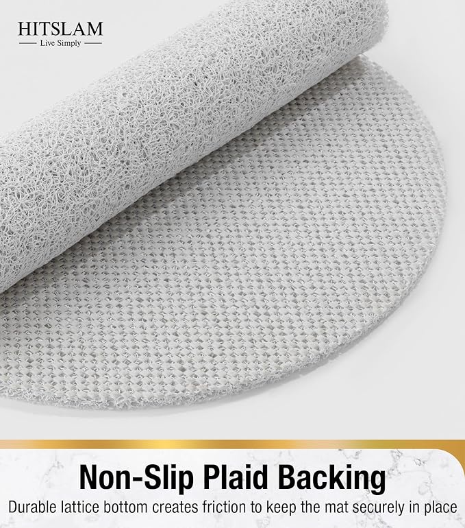HITSLAM Oval Loofah Shower Mat Non Slip, 27x16 Inch Bath Mat for Textured Tub & Inside Shower Stall, No Suction Cups Quick Drying PVC Porous Floor Mat, Soft Foot Exfoliating Bathtub Mat, White