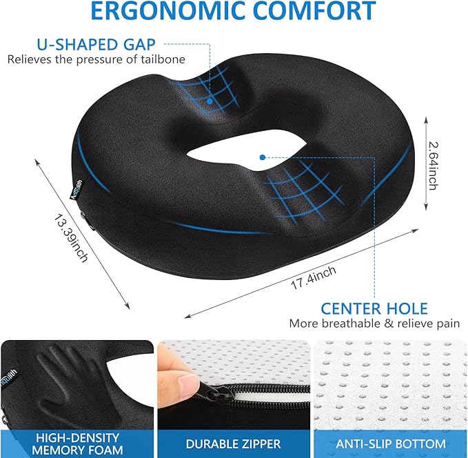 Donut Pillow, Donut Cushion for Tailbone Pain Relief and Hemorrhoids, Donut Seat Cushion for Coccyx, Sciatica, Surgery and Postpartum, Hemorrhoid Pillow for Long Sitting Office Workers, Car Drivers