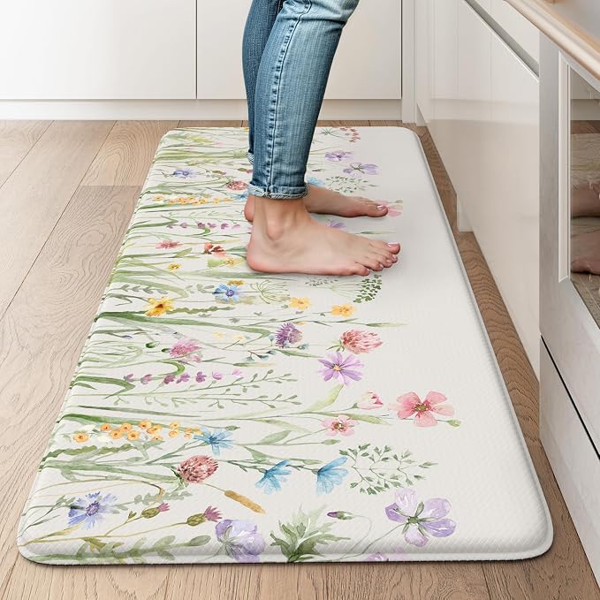 KIMODE Anti Fatigue Mats for Kitchen Floor, 20"x39" White Floral Kitchen Rug, Cushioned Kitchen Floor Mat Non Slip, Memory Foam Standing Mat for Sink Laundry Office Desk