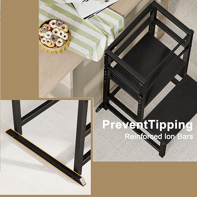 INNOD Kitchen Step Stool for Toddlers, Height Adjustable Toddler Tower with Safety Rail, Steel and Wood Toddler Kitchen Stool Helper Kids, Stool for Kids, Learning Tower, Kids' Desk Black