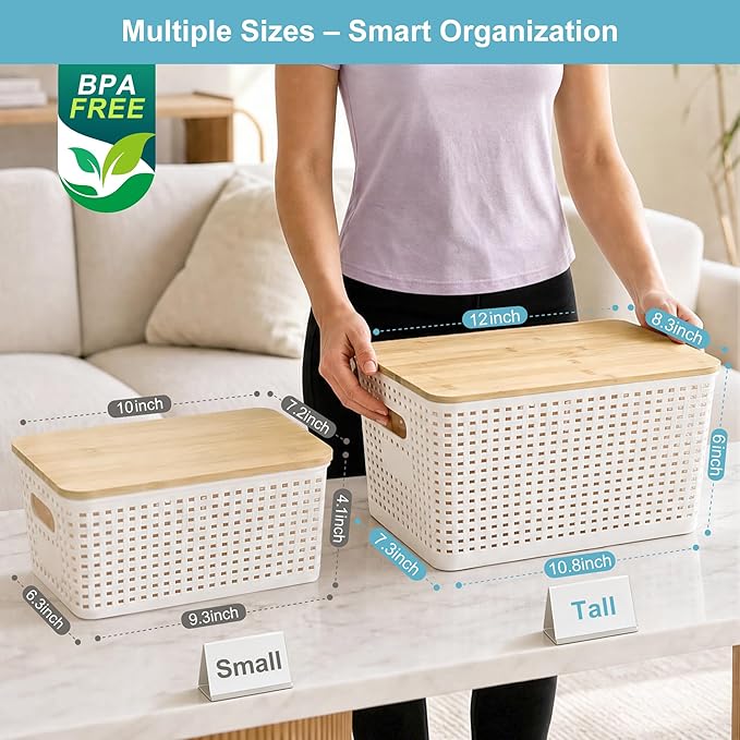 Bagnizer 2 Pack Tall Plastic Storage Bins with Bamboo Lids, 10.8qt Stackable Storages Baskets for Organizing Desktop Closet Playroom Classroom Office, 12"L x 8.3"W x 6.1"H, Cream White