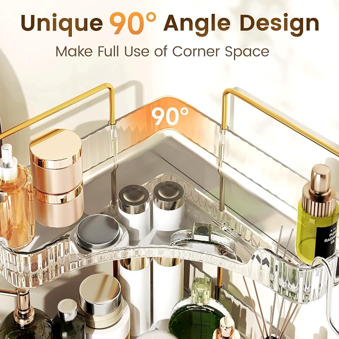 Corner Bathroom Counter Organizer 3-Tier Bathroom Organizer Countertop with Hooks Perfume Organizers Storage Shelf for Makeup & Skincare Dresser-Clear