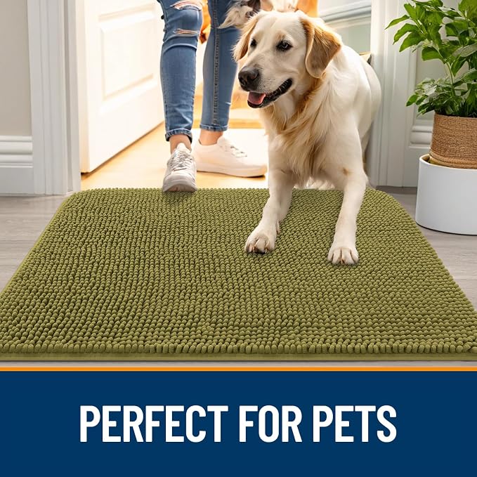 OLANLY Dog Door Mat for Muddy Paws 34x21, Absorbs Moisture and Dirt, Absorbent Non-Slip Washable Doormat, Quick Dry Chenille Mud Mat, Entry Indoor Entryway Carpet for Inside Floor, Willow Green