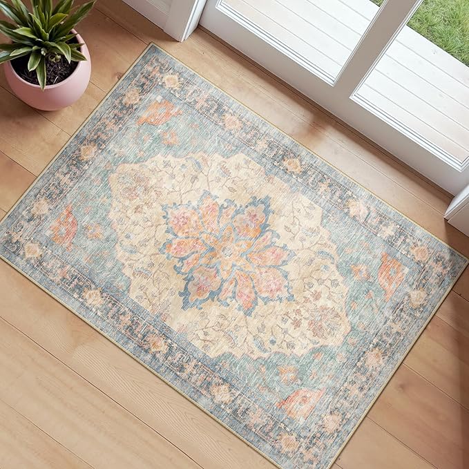 RELEANY Area Rugs Small 2'x3' Washable Non-Slip, Floral Vintage Distress Medallion Carpet for Kitchen Entryway Bathroom, Blue Orange Red