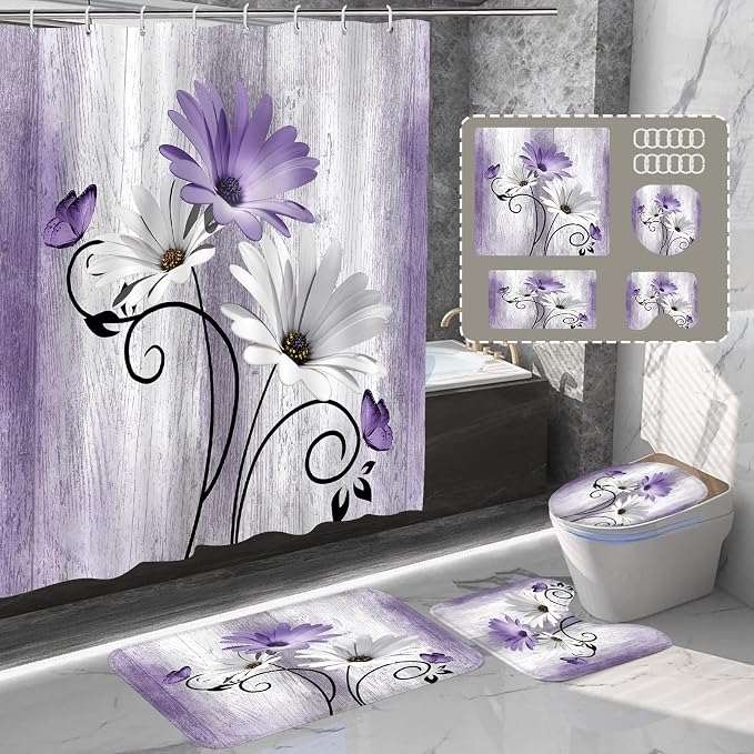 Onalasyc 4PCS Purple Daisy Flowers Plants Shower Curtain Set,Shower Curtain and Carpet and Accessories,Waterproof Bathroom Shower Curtain Decorative Set, with 12 pcs Hooks,71 x 71in