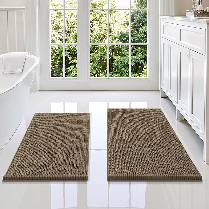 Smiry Bathroom Rugs Sets 2 Piece, Soft Absorbent Chenille Machine Washable Non Slip Shaggy Bath Rug Set for Tub, Shower, and Floor (34x21+30x20, Camel)