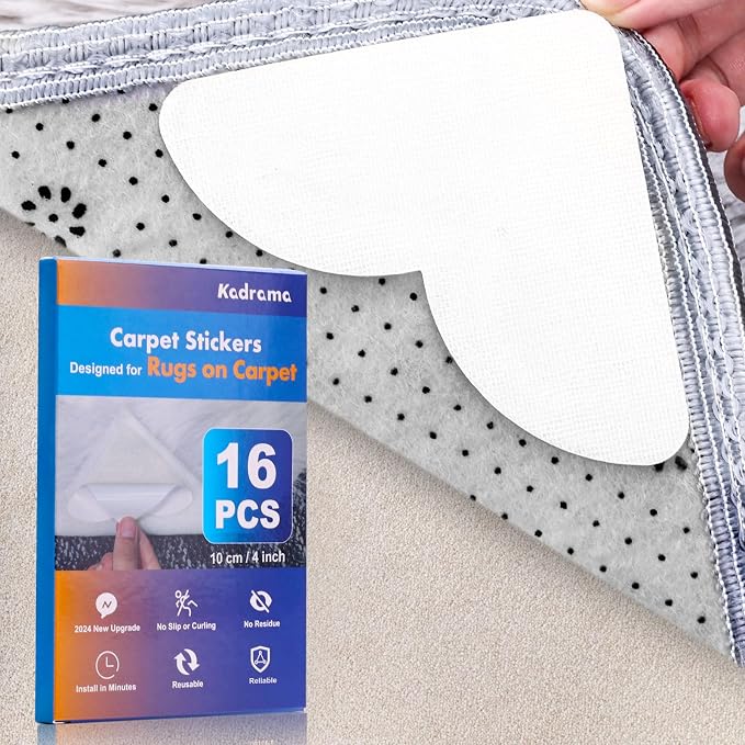 16-Pack Carpet-to-Carpet Rug Grippers | Cloth-Backed Heavy-Duty Anti-Slip Pads | Secure Rugs Over Carpets, Tiles, Hardwood | Prevent Sliding, Curling, Tripping (4", Patented Mesh)