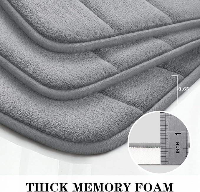 BYSURE Grey Memory Foam Bathroom Rug Set 3 Piece, Non Slip Extra Soft Absorbent Bath Mats, Machine Washable & Dry Toilet Mat Sets for Bathroom Floor