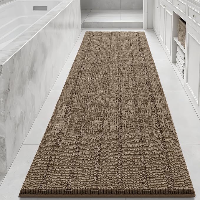 Bcoimo Long Bathroom Rug, Chenille Bath Runner with High Low Pile Design, Soft Absorbent Non Slip Bath Mat, Machine Washable Quick Dry Rug for Shower, Tub, Sink and Vanity